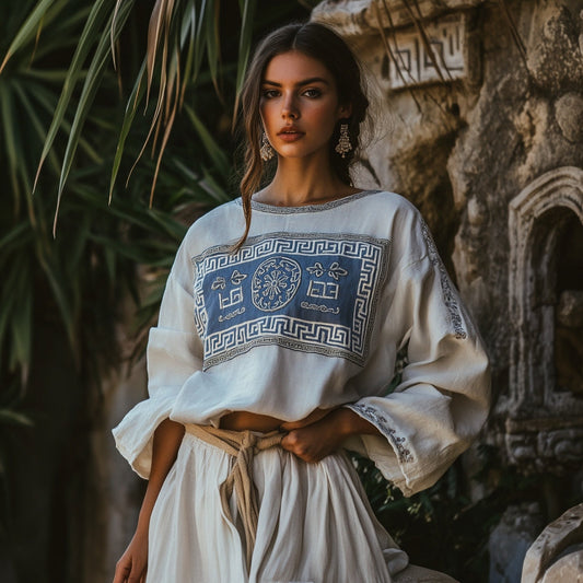 Vintage Greek Key Motif Cretan Embroidery Linen Blend T-shirt artswardrobe