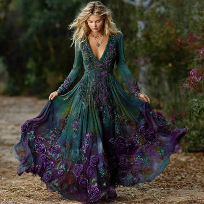 Women's Vintage Purple Rose Art Pattern Gradient Long Sleeve Dress artswardrobe