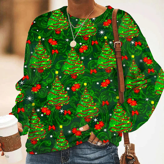 Comstylish Women's Christmas Colorful Christmas Tree Print Casual Sweatshirt