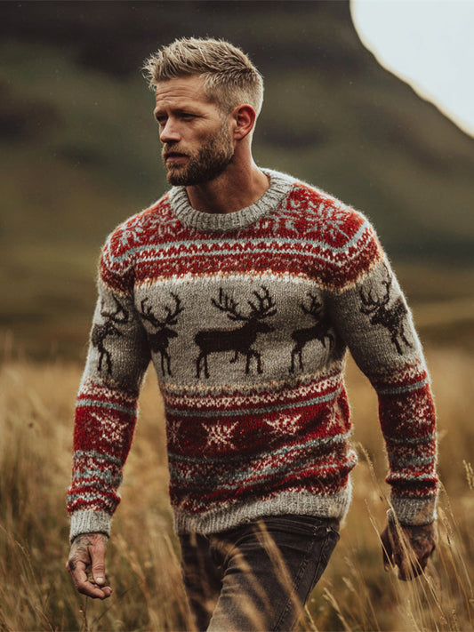 Vintage Christmas Reindeer Stripe Design Men's Icelandic Sweater artswardrobe
