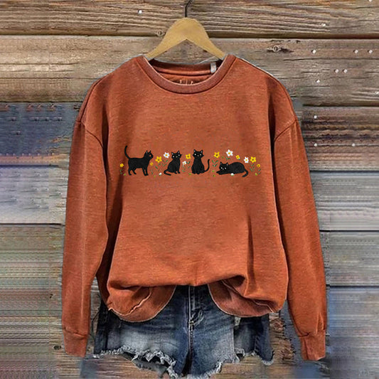 Women's Cute Floral Black Cat Embroidered Sweatshirt elevenforest