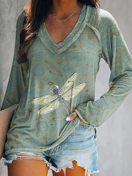 Women's Vintage Dragonfly Art Print V Neck Long Sleeve Tops