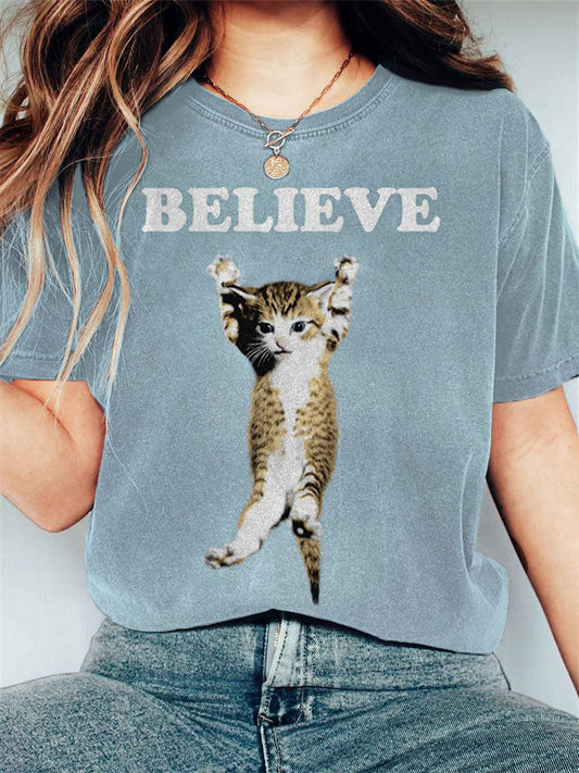 Women's Casual  Art Funny Black Cat Print T-shirt elevenforest