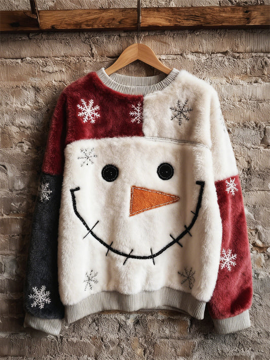 Comstylish Vintage Christmas Snowman Face Snowflakes Colorblock Plush Sweatshirt