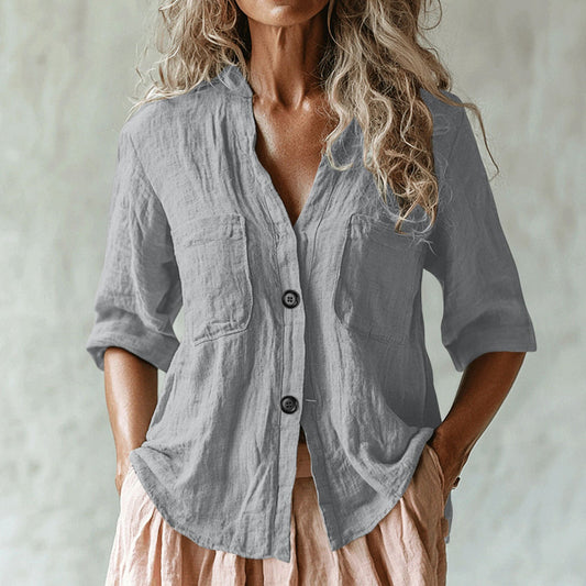 Comstylish Women's Vintage Solid Color Multiple Pockets Linen Shirt