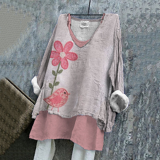 Comstylish Women's Floral And Bird Pattern Cotton And Linen V-neck Shirt