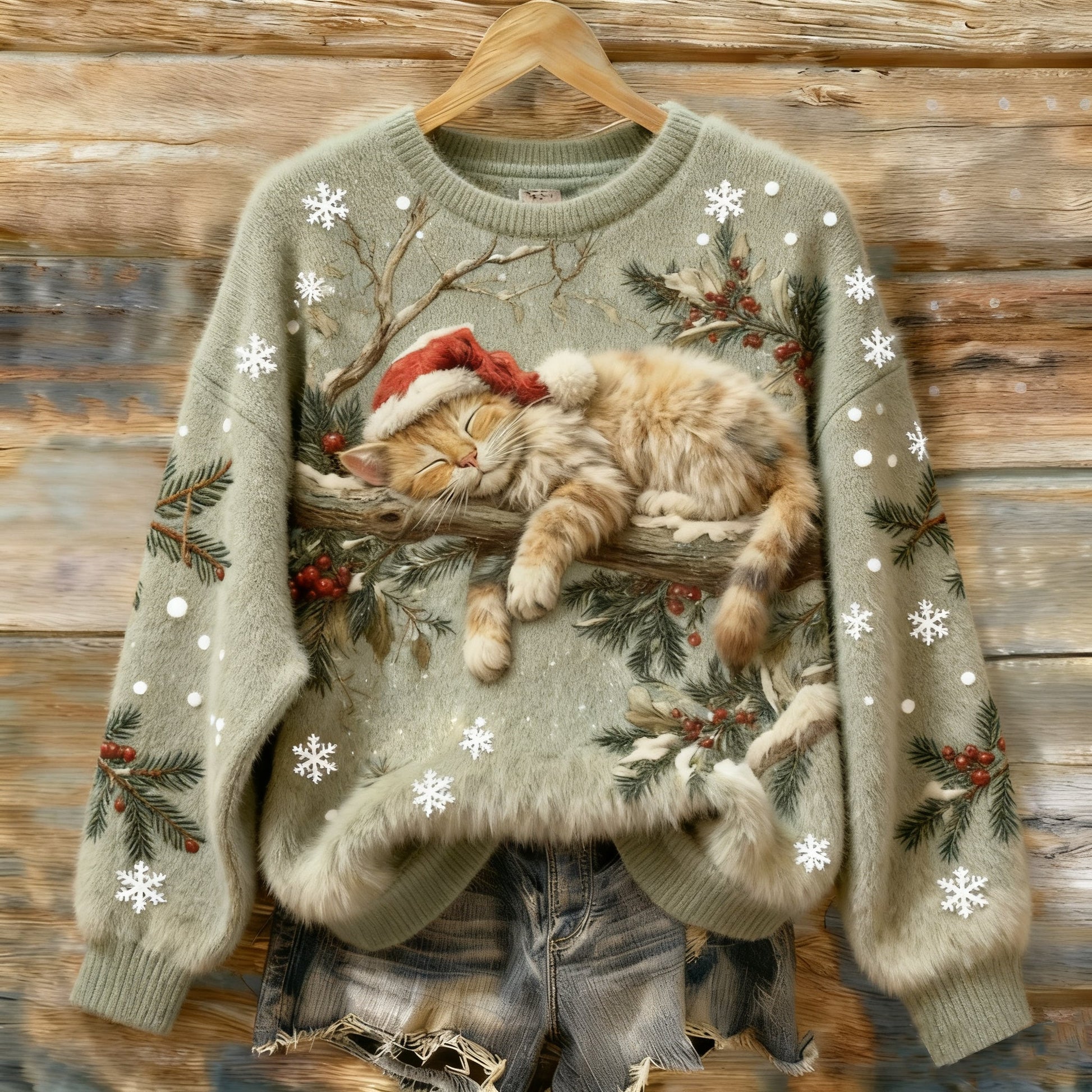 Vintage Christmas Lazy Cat Art Women's Cozy Plush Sweater elevenforest