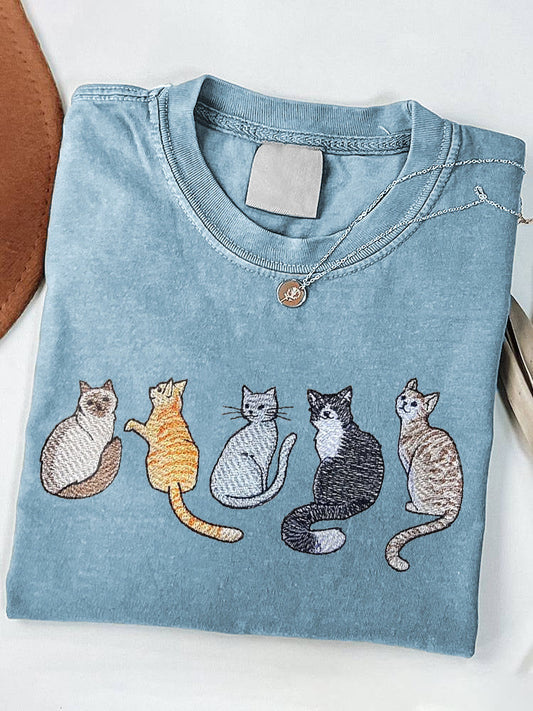 Women's Cats Embroidery Pattern Short Sleeve T-Shirt elevenforest