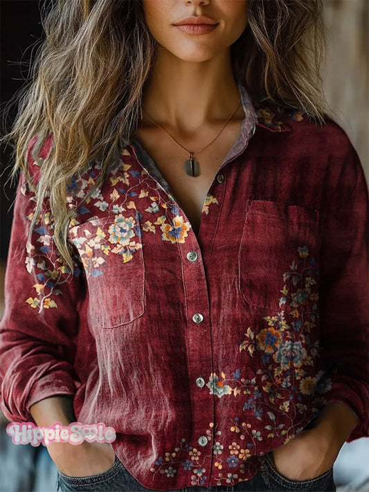 Women's Retro Ethnic Floral Pattern Print Casual Long Sleeve Comfortab