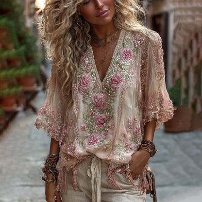 Women's Vintage Rose Embroidery Art Comfy Linen Shirts artswardrobe