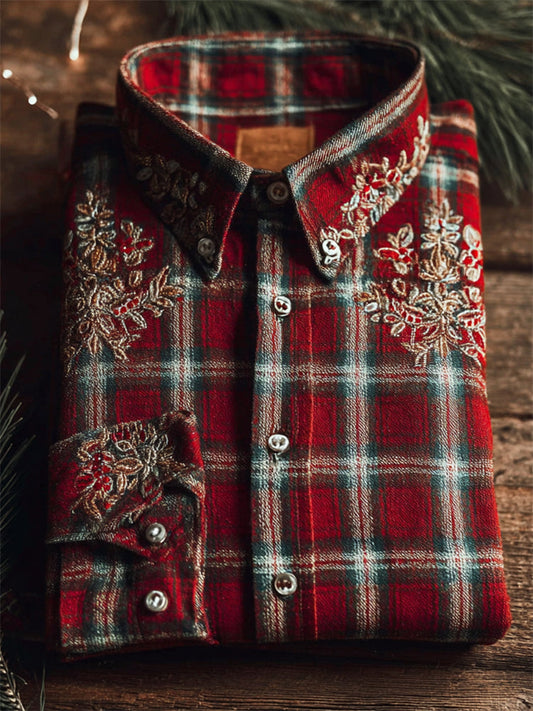 Vintage Floral Snowflakes Embroidered Christmas Plaid Linen Shirt artswardrobe