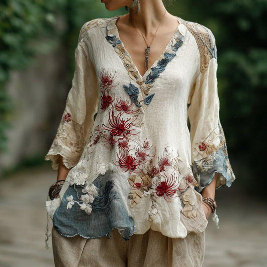 Comstylish Women's Japanese Spider Lily Embroidered Cotton And Linen V-neck Shirt