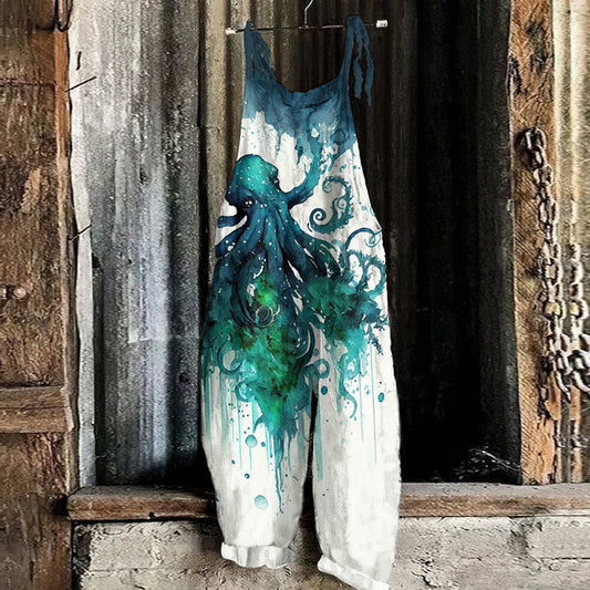 Comstylish Retro Watercolor Mutated Octopus Print Loose Casual Jumpsuit