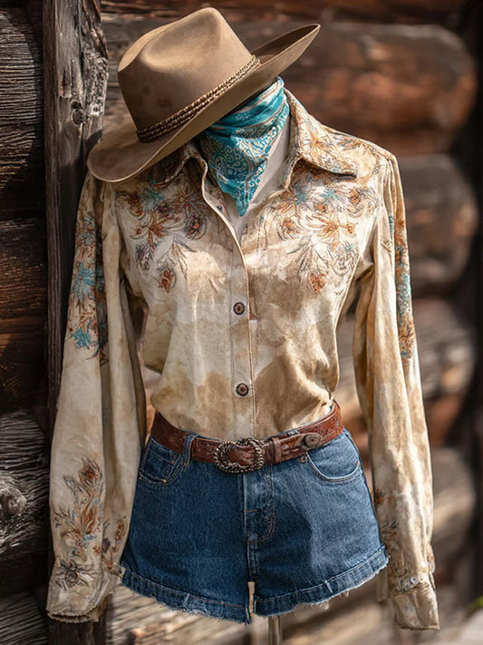 Women's Vintage Western Horse Design Cotton And Linen Blend Shirt artswardrobe