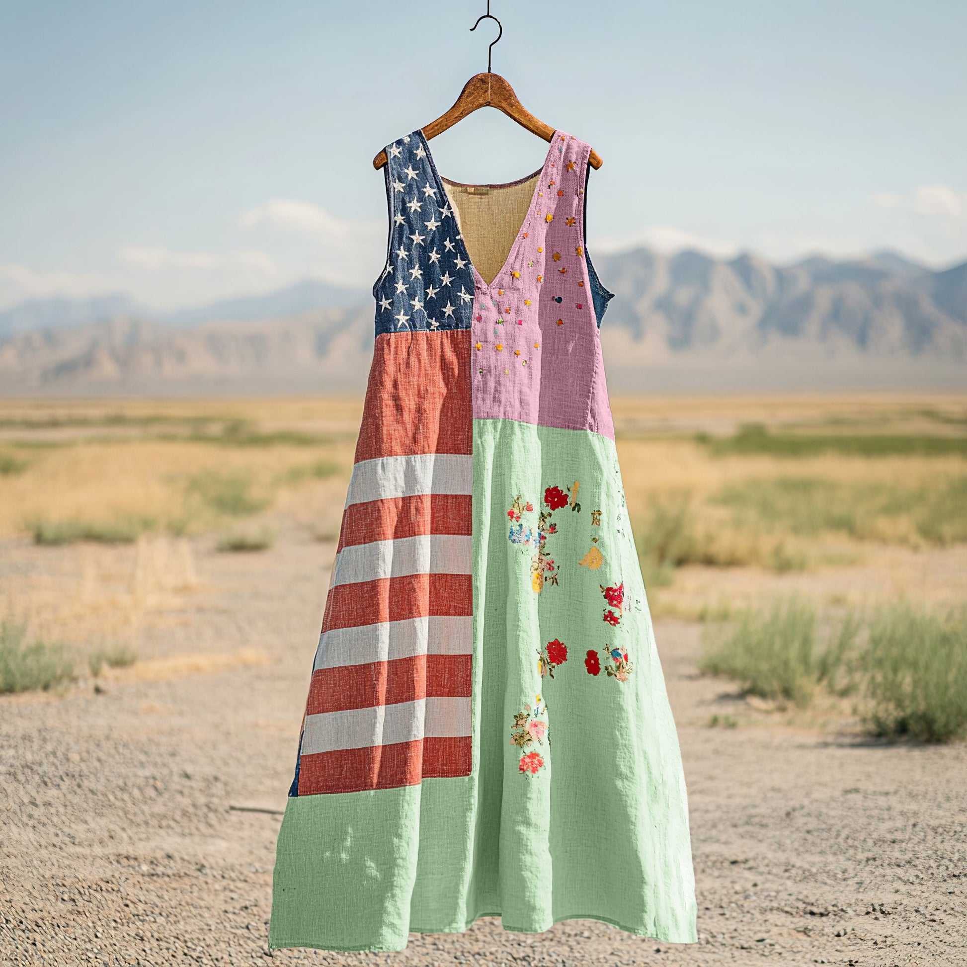 Women's Independence Day Flag Print Cotton And Linen Dress artswardrobe