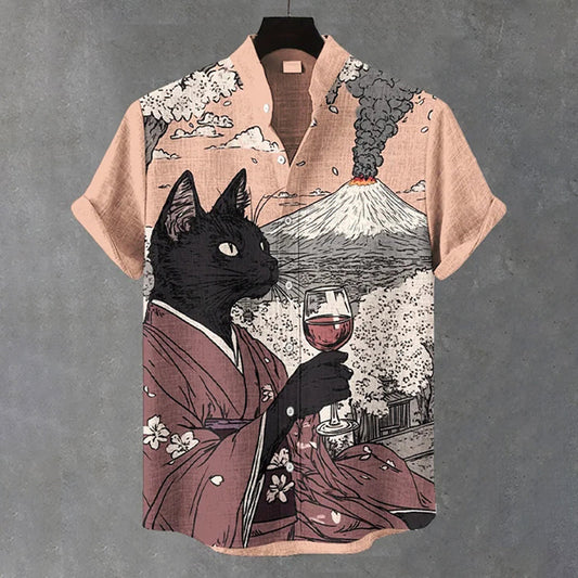 Men's Elegant Black Cat Drinking Red Wine Art Print Casual Shirt elevenforest