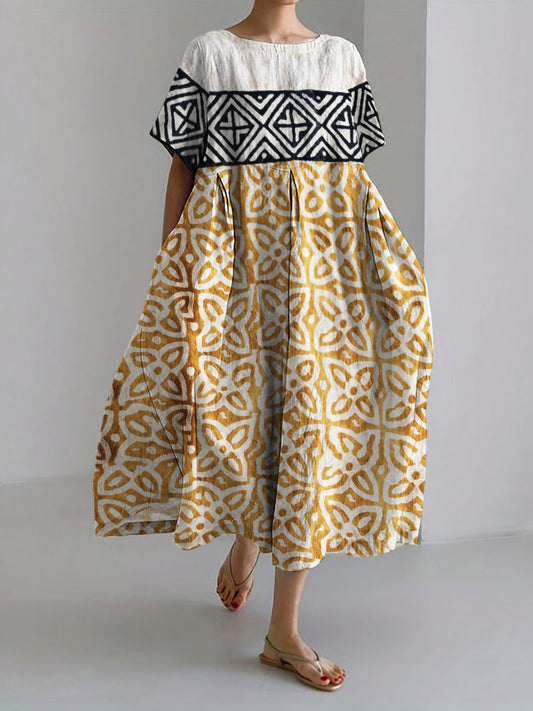 Comstylish Indigo Floral Ethnic Natural Block Print Linen Maxi Dress