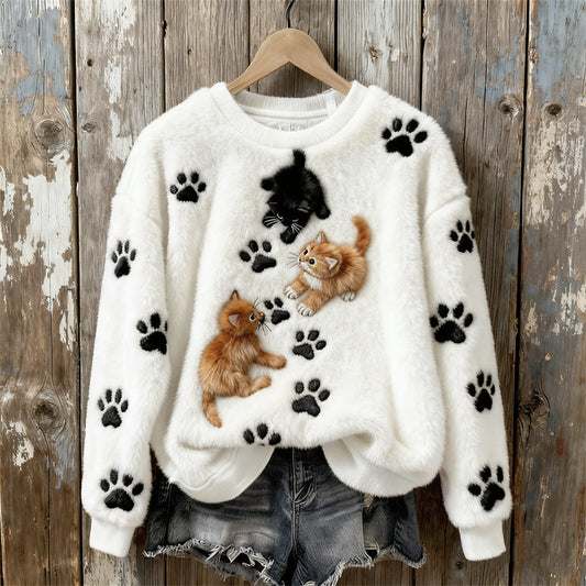 Comstylish Lovely Cats Paw Prints Embroidered Cozy Plush Sweatshirt