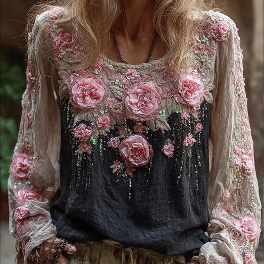 Comstylish Bohemian Embroidered Flower Vintage Casual Round Neck Black And White Long-sleeved Shirt