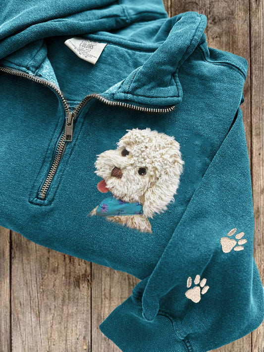Comstylish Fuzzy Poodle Dog Plush Embroidered Zip Up Sweatshirt
