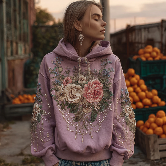 Comstylish Bohemian Style Plant And Flower Embroidery Pattern Women's Hooded Sweatshirt