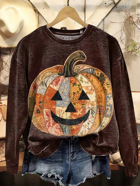 Comstylish Women's Vintage Halloween Pumpkin Pattern Crewneck Sweatshirt
