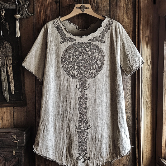 Women's Viking Tribal Tree Of Life Print Linen T-shirt artswardrobe
