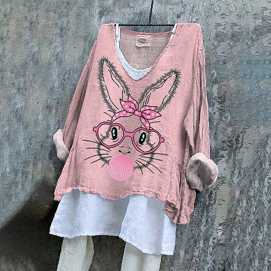 Women's Cute Bunny Embroidery Pattern Linen Blend Shirt artswardrobe