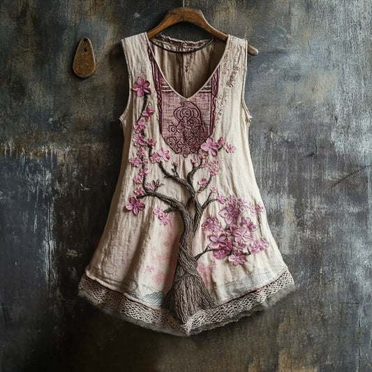 Women's Cherry Blossom Embroidery Lace Art Linen Tank artswardrobe