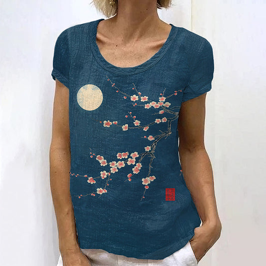 Comstylish Retro Japanese Ink Floral Moon Art Painting Linen Casual T-Shirt