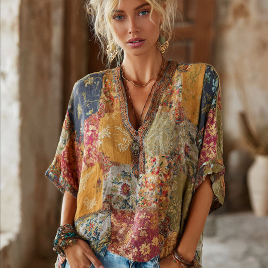 Bohemian Floral Pattern Embroidery Patchwork V-neck Short-sleeved Shirt artswardrobe