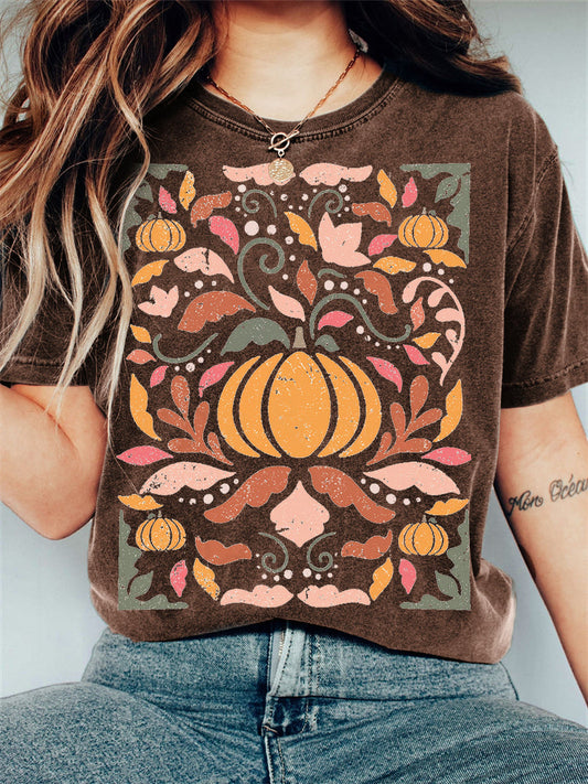 Fall Pumpkin Floral Art Vintage Washed T Shirt artswardrobe