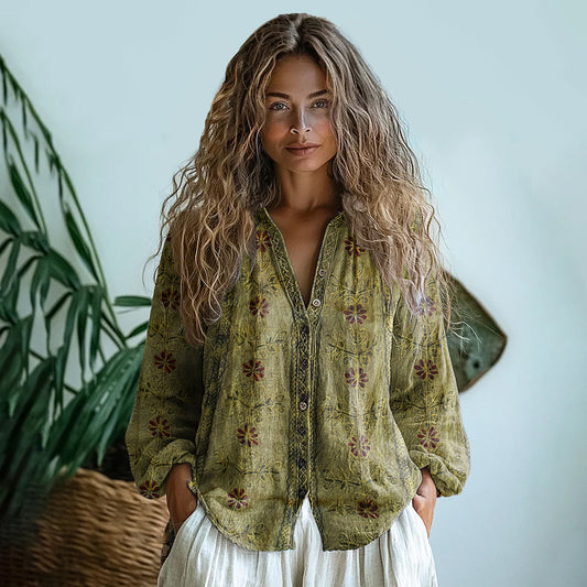 Comstylish Vintage Tribal Floral Art Button Casual Shirt