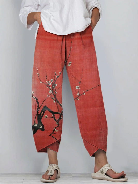 Comstylish Simple Plum Blossom Japanese Art Linen Blend Cropped Pants