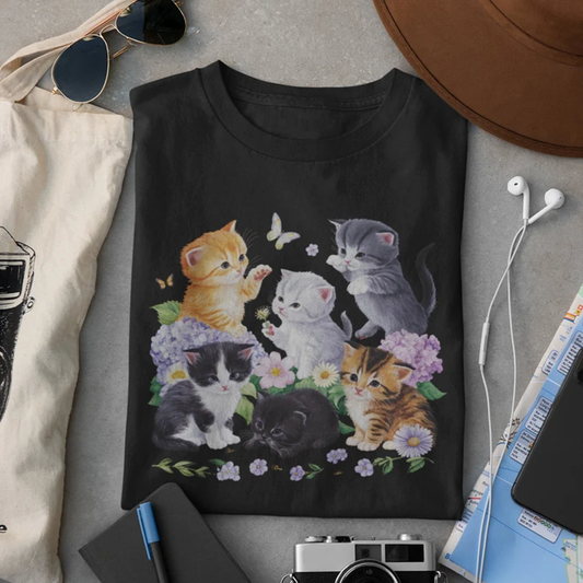 Abstract Creative  Aesthetic Cat Butterfly Flower Wildflower Cat Art Print Cotton Graphic T-shirt elevenforest