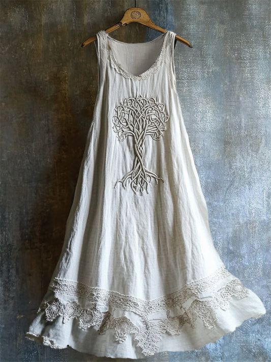 Viking Celtic Tree Of Life Lace Hem Layered Linen Dress artswardrobe