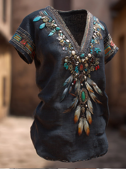 Western Wind Tribal Feather Gem V-neck Short-sleeved T-shirt artswardrobe