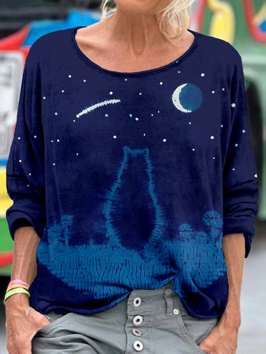 Lovely Cat Indigo Shibori Art Washed Cozy T Shirt elevenforest