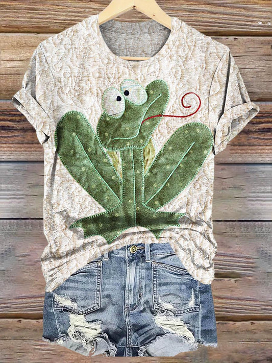 Women's Hippie Cute Frog Art Print Crew Neck T-shirt