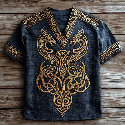 Men's Viking Tribal Dragon Celtic Art Linen V-neck T Shirt artswardrobe
