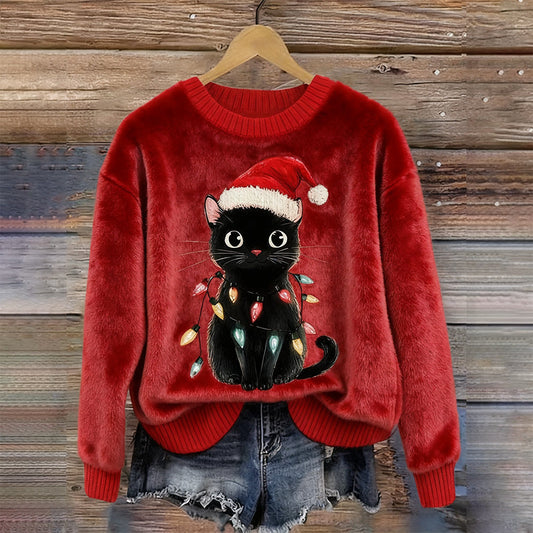 Comstylish Cute Christmas Black Cat Vintage Plush Sweatshirt