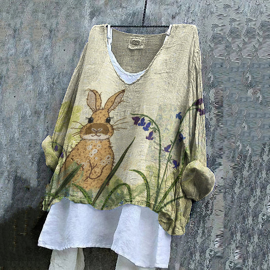 Women's Rabbit Floral Embroidery Linen Blend Shirt artswardrobe