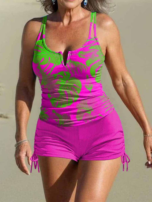 Women's V Neck Contrast Abstract Print Camisole Bikini Drawstring Briefs Set Swimsuit