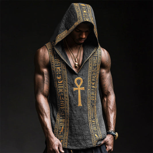 Men's Ankh Ancient Egyptian Embroidered Hooded Linen Tank artswardrobe