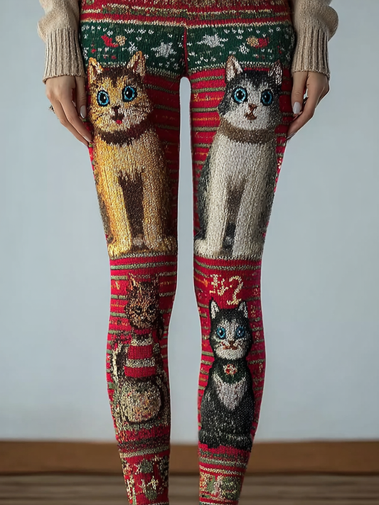 Comstylish Retro Cat Pattern Women's Knitted Tight-fitting Leggings