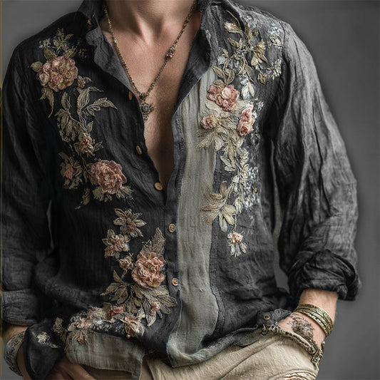 Men's Vintage Floral Embroidered Breathable Linen Shirt artswardrobe