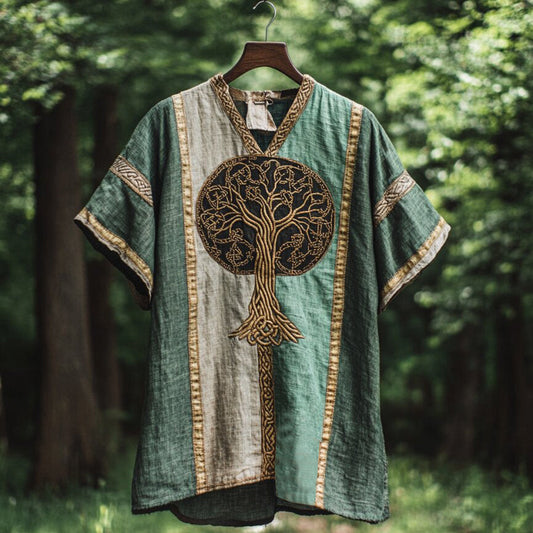 Men's Viking Celtic Knot Tree Of Life Art  Patchwork Linen T Shirt artswardrobe