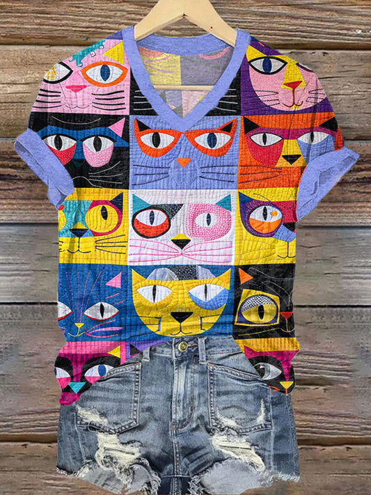 Funny Cat Face Patchwork Art V-neck T-Shirt elevenforest