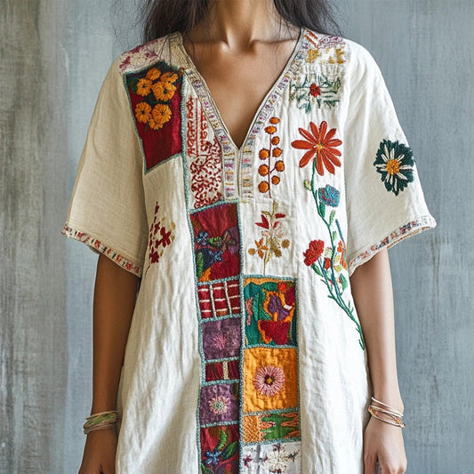 Vintage Boho Floral Embroidered V Neck Linen Shirt artswardrobe