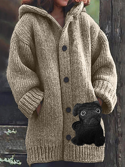 Comstylish Lovely Black Pug Dog Felt Cozy Knit Hooded Cardigan